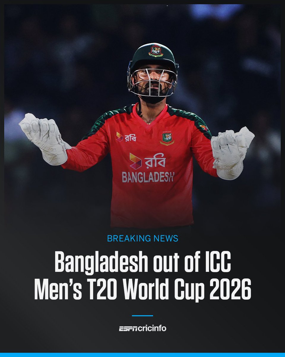 vpy_2711's tweet photo. BREAKING: Bangladesh have been replaced at the ICC Men’s T20 World Cup 2026 following their refusal to play in India

Scotland will replace them in Group C at the tournament.
#T20WorldCup2026 #BangladeshCricket #BCCI https://t.co/OYSEz0LYgm
