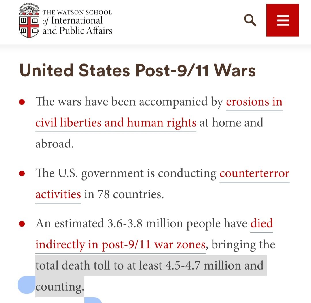 US wars killed at least 4.5 MILLION people in the 20 years after Sep. 11, 2001, in a conservative estimate by Brown University scholars.

The US empire wages war nonstop around the world, and billionaires like <a href="/PalmerLuckey/">Palmer Luckey</a> profit from it.

China has not fought a war since 1979.