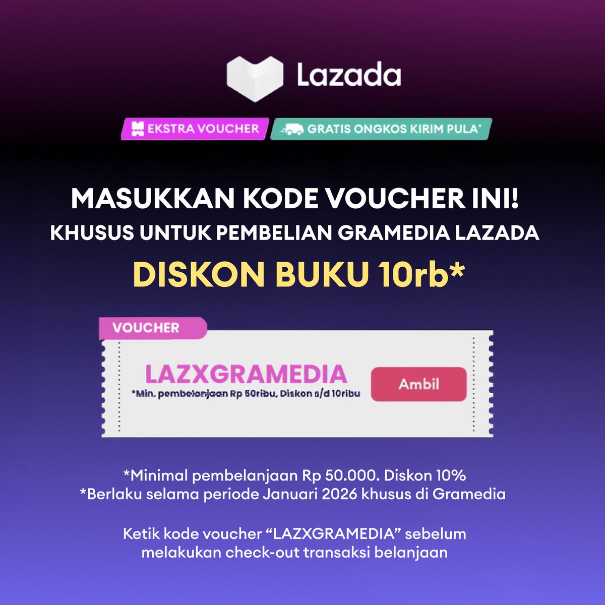 gramedia's tweet image. ‼️ Punten, punten ‼️

Izinnn, Gramin mau lewat bawa DISKON BUKU DI LAZADA 🤩✨

Kalau kamu mau check out buku di Lazada, jangan lupa pakai kode "LAZXGRAMEDIA" untuk tambahan diskon yaa! 😆🤍

📆 Sampai 31 Januari 2026