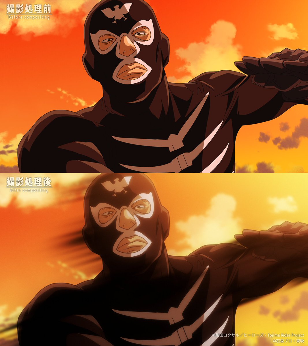 J_Taka2's tweet image. #東島丹三郎は仮面ライダーになりたい
16話視聴ありがとうございました！

16話より撮影処理前と撮影処理後をご紹介！
ラーメンから打って変わって蝙蝠男、サンダーライコ達と正面衝突です！
※掲載許可済み

逃走した東島たちは何を思うのか…
来週もご期待ください！
#東島ライダー