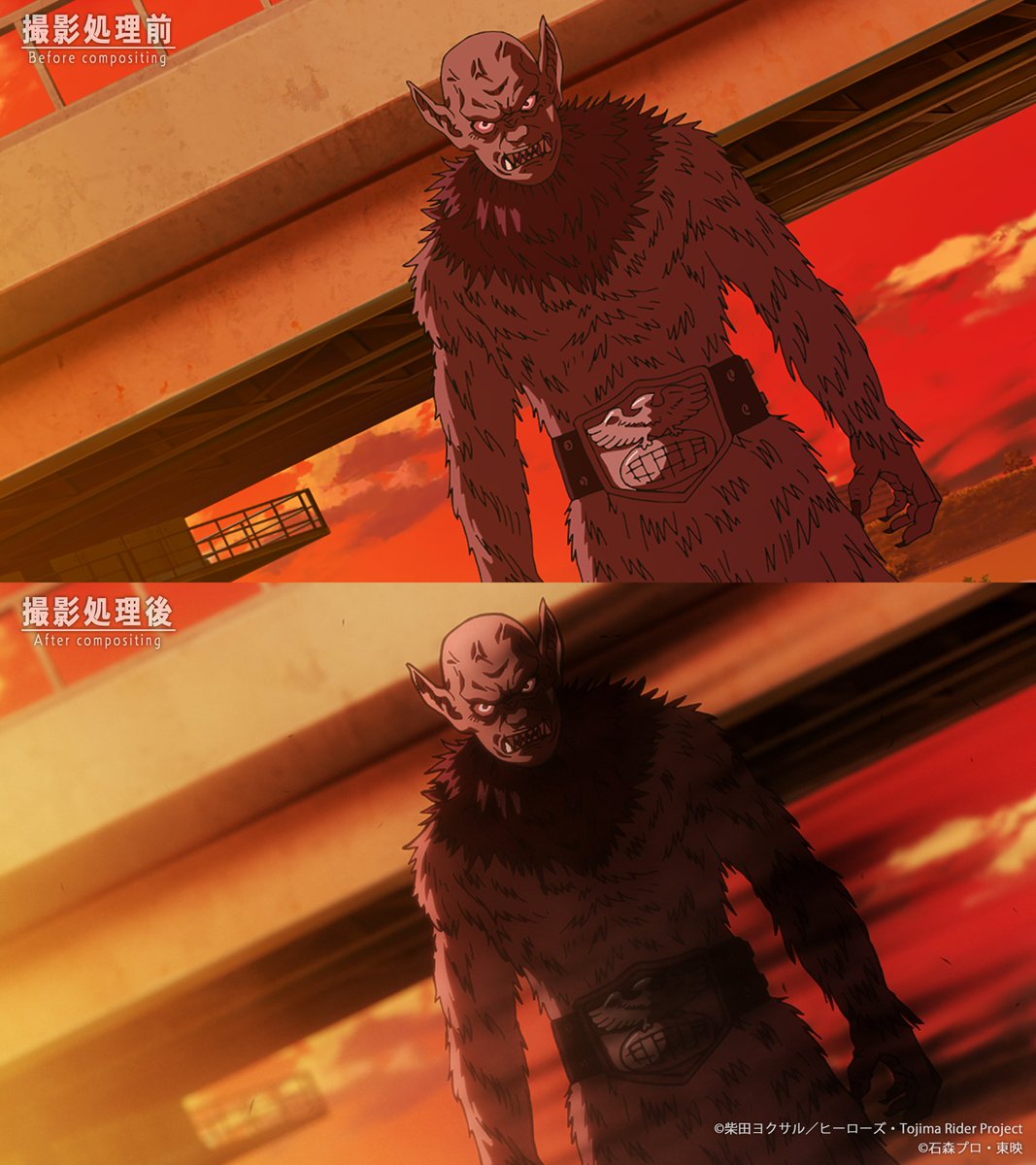 J_Taka2's tweet image. #東島丹三郎は仮面ライダーになりたい
16話視聴ありがとうございました！

16話より撮影処理前と撮影処理後をご紹介！
ラーメンから打って変わって蝙蝠男、サンダーライコ達と正面衝突です！
※掲載許可済み

逃走した東島たちは何を思うのか…
来週もご期待ください！
#東島ライダー