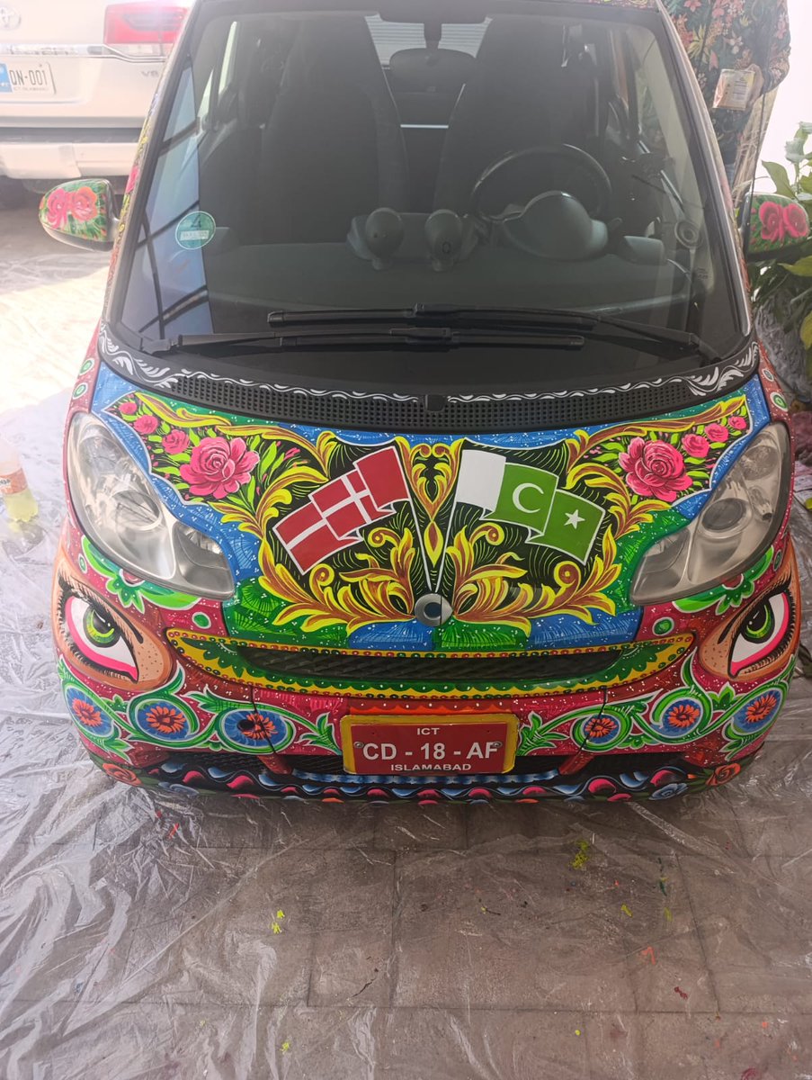 PhoolPatti's tweet photo. Many thanks to Mr. Simo &amp; H.E. Maja Ambassador of Denmark for inviting us to design their personal Smart Car! 
We’re fusing #Danish &amp; #Pakistani landmarks into a beautiful Artist Edition. Sharing our #TruckArt heritage is #PhoolPatti passion!
@DKinPK  @PakinDenmark @shoaibsarwar1 https://t.co/lx9B5dbCgo