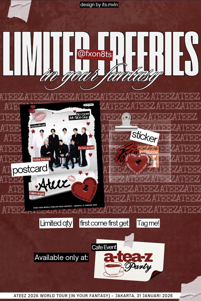 fxon8ts's tweet image. ⋆°｡⋆♡ In Your Fantasy in Jakarta
—freebies⋆°｡⋆♡

⋆°｡Limited qty
⋆°｡⋆Available only at @atz_cafe

RT and likes are very appreciated!
See you atiny! ♡

#InYourFantasy_JKT #ATEEZinJKT