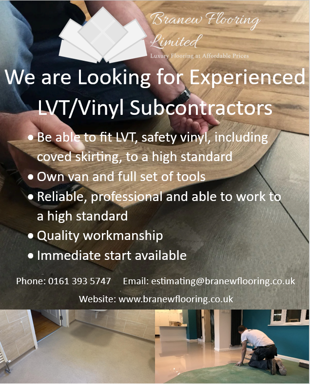 We’re looking for experienced subcontract LVT &amp; Safety Flooring Fitters.
Must have own van &amp; tools.
Work across Stockport, Manchester &amp; Cheshire.
Email estimating@branewflooring.co.uk.

#FlooringSubcontractor #LVT #SafetyFlooring #FlooringJobs #NorthWestTrades #BranewFlooring