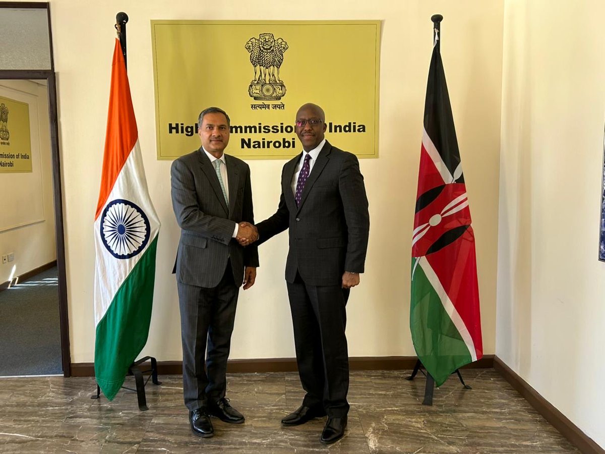 IndiainKenya's tweet photo. High Commissioner met with Brig Hillary Kipkosgey, Director General of Kenyan Space Agency. They reviewed various elements of the bilateral space cooperation and discussed opportunities for further strengthening collaboration in this sector.

DG @SpaceAgencyKE thanked Government of India and @isro in particular for the customised capacity-building courses that have added to Kenya’s space capabilities.

@MEAIndia @kdfinfo @ForeignOfficeKE @IndianDiplomacy @indiandiplomats