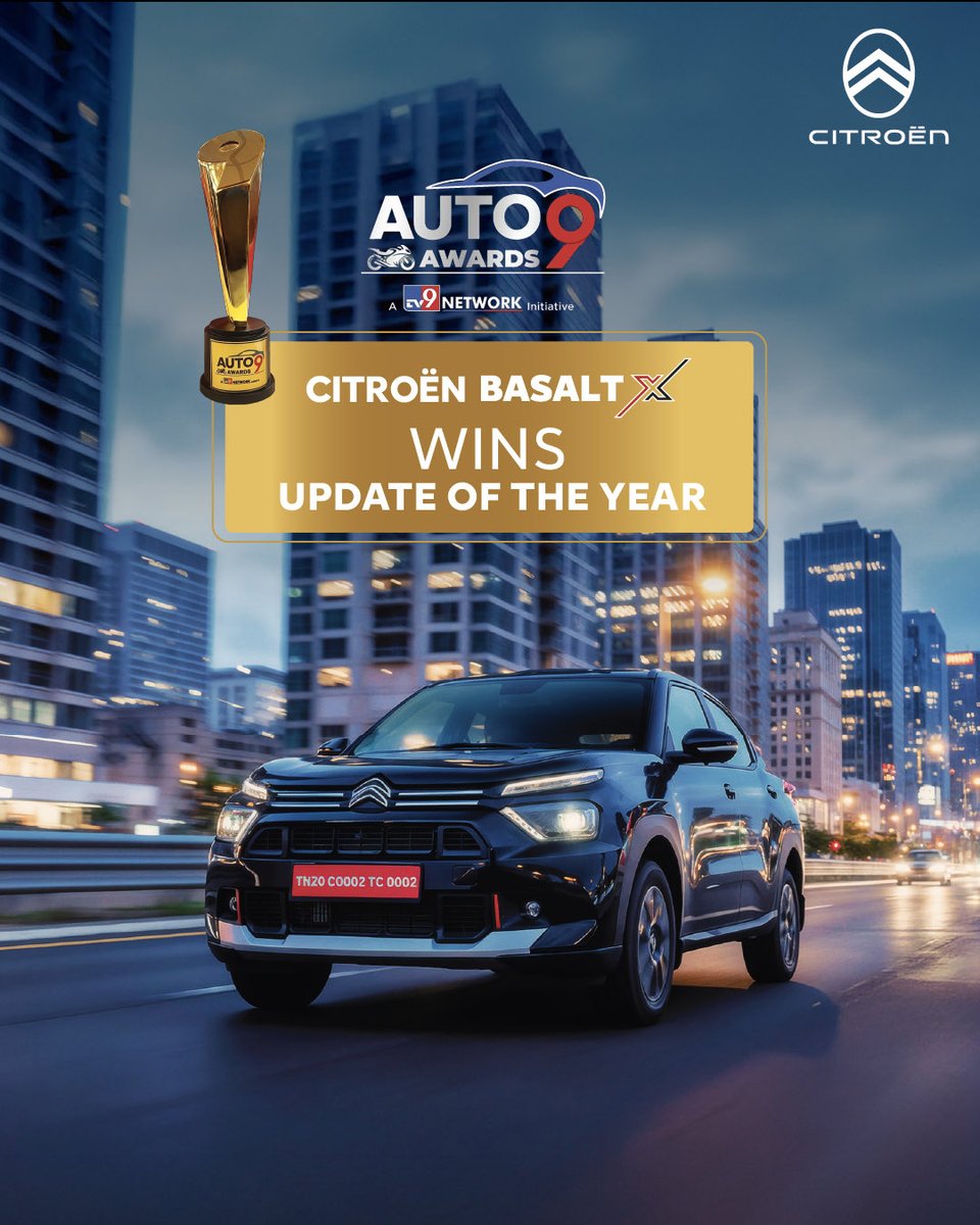 CitroenIndia's tweet photo. Here’s to a year that’s already getting better with every achievement. 🏆
Proud moment as Citroën Basalt X wins ‘Update of the Year’ at the Auto9 Awards.
#CitroënBasaltX #Auto9Awards #AwardWinningDrive #CitroënIndia #SUVCoupé https://t.co/Au692XB0QI
