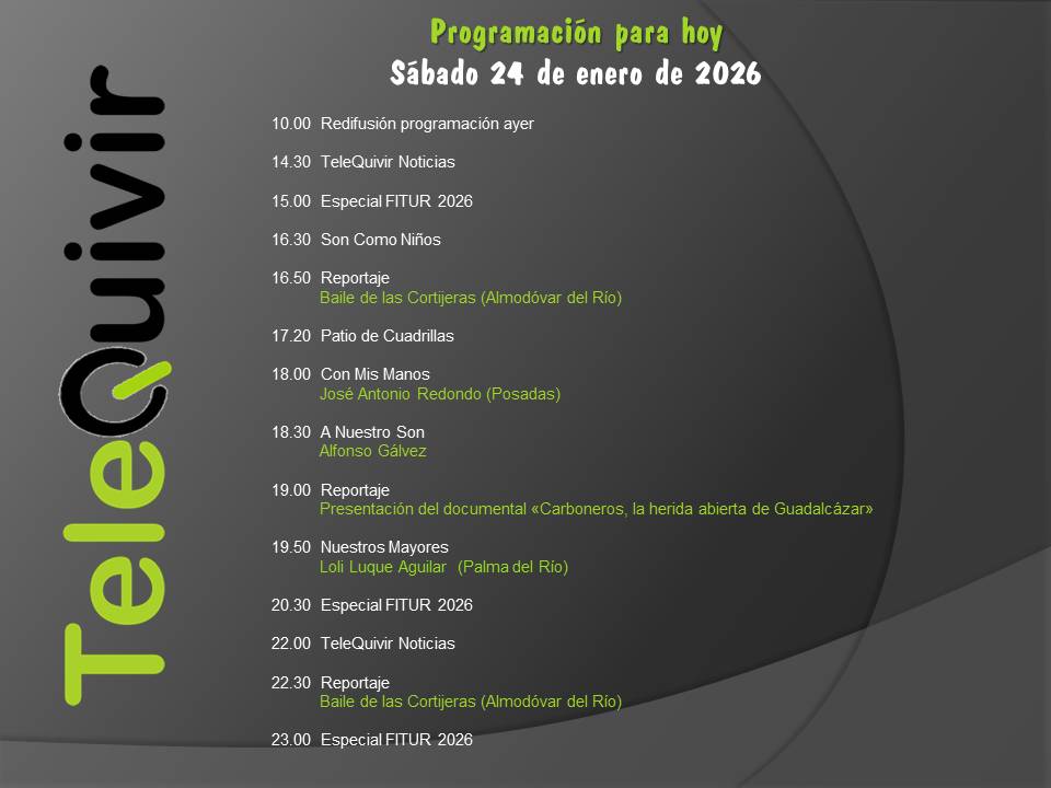 Programación para hoy 24 de enero en TeleQuivir.
Recuerda que puedes ver la televisión de la comarca en abierto en la TDT HD, y si vives fuera de ella, online en nuestros canales de Youtube y Twitch. ¡Suscríbite!
youtube.com/@telequivir/li…
twitch.tv/telequivir