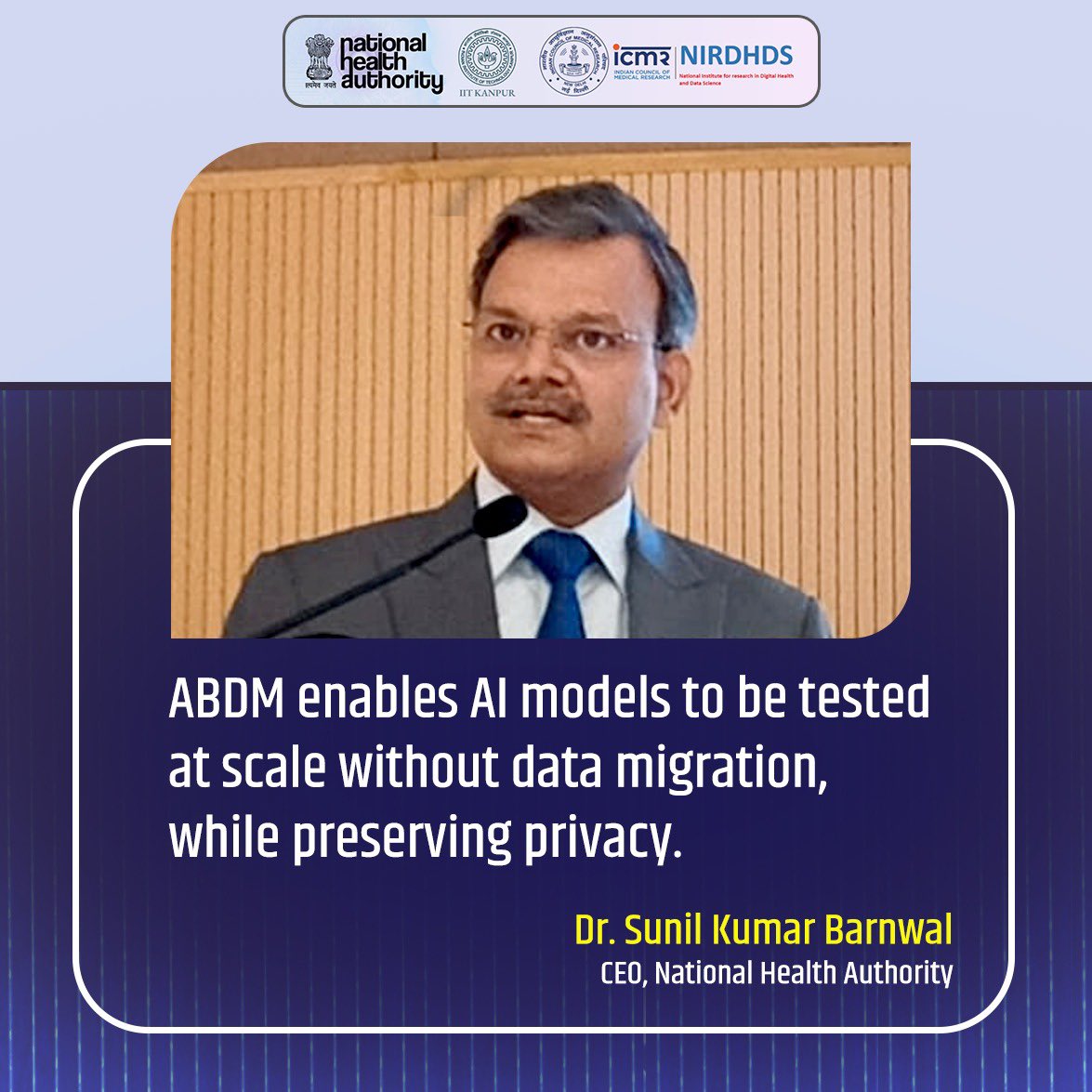AyushmanNHA's tweet image. Through #ABDM’s federated, open, and interoperable architecture, Dr. @Sunil_Barnwal highlighted how AI models can be tested at scale without data migration, ensuring privacy, consent, and trust in healthcare.

#digitalhealth #AIhealth #AIHackathon