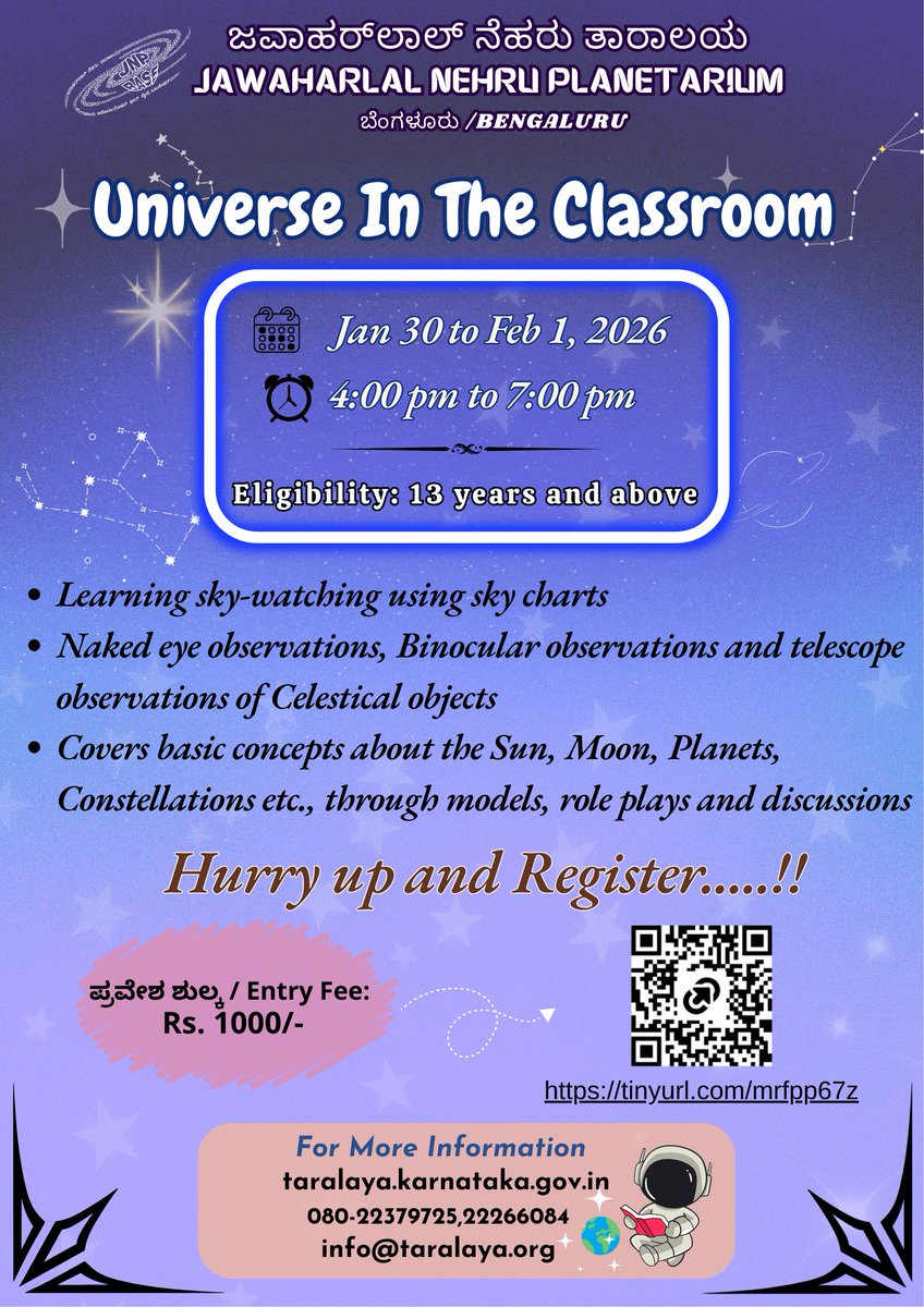 JNPlanetarium's tweet photo. Join us for the Universe in the Classroom program!
Register through the link: https://t.co/02ZT1JRZzH
#universeintheclassroom #scienceinbangalore #scienceoverweekends #Sciencepopularization
@NsBoseraju  @DSTKarnataka https://t.co/QrpZ3FVVUd