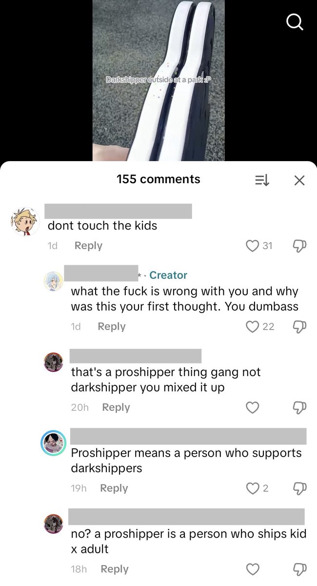 January 2026 - a submission

Fandom: none

CW // sexual harassment

A darkshipper makes a TikTok video about going to a park. Antis assume they’re a pedophile who’s going to harm kids