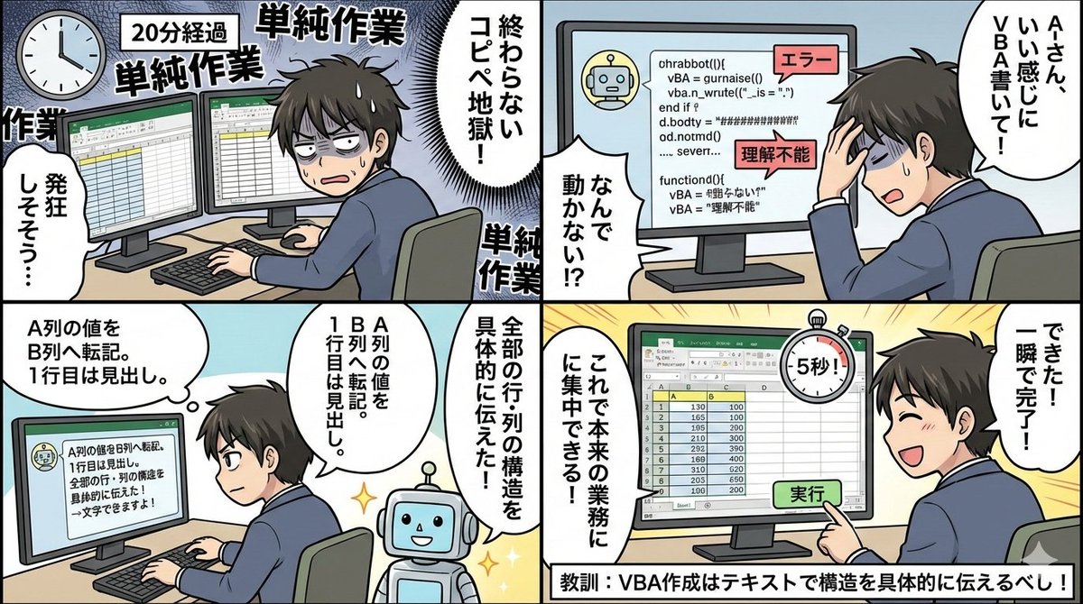 sword_ai's tweet photo. 【20分の業務を5秒に短縮した話】
非エンジニアの私ですが、AIを活用してVBA（Visual Basic for Applications）を書き、従来「20分費やしていた業務を5秒に短縮」した事例を共有いたします。 https://t.co/uiS4PbnvFg