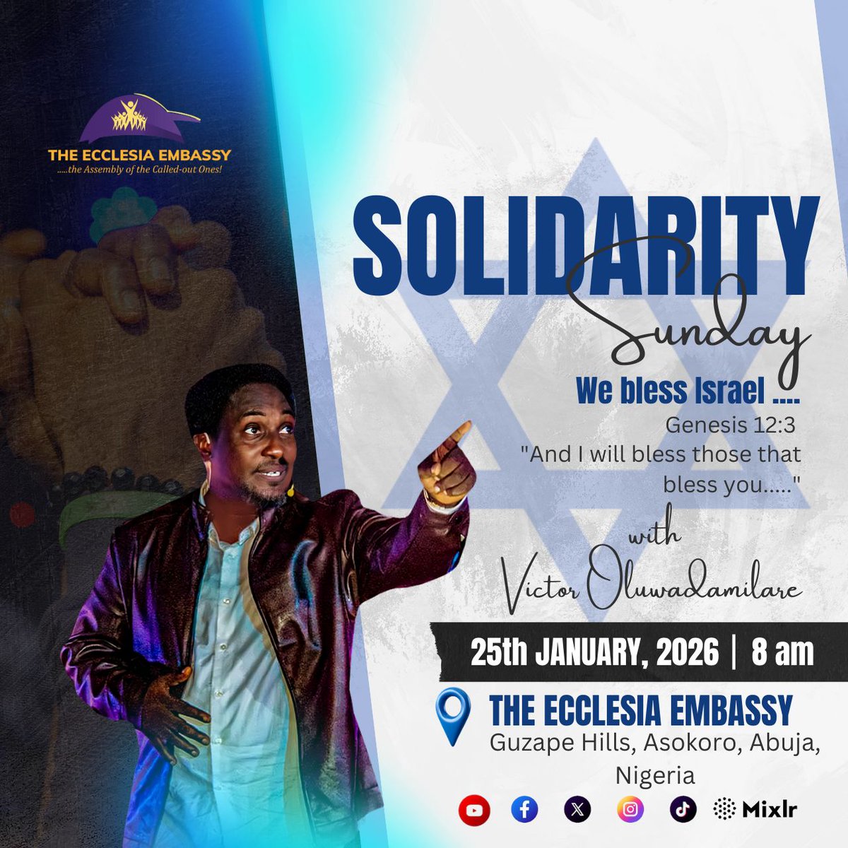 ecclesiaembassy's tweet photo. Tomorrow we will be blessing Israel as we pray for her.
Solidarity Sunday is the time we have set apart to stand with Israel in prayer.
Join us on the livestream at 8 AM tomorrow. Links will be shared when it's time.
#TheEcclesiaEmbassy
#WeInfluence
#SolidaritySunday https://t.co/j4kAlNRKoj