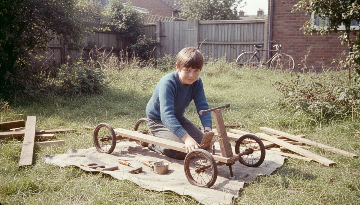 StuartSmudge's tweet image. Trying out Eleven labs version of image creator, which basically uses Nano Banana. An old school photo I used to make this, what I would have been doing 50 years ago. Making a go cart out of old pram wheels and wood. What were you doing 50 years ago, if old enough?