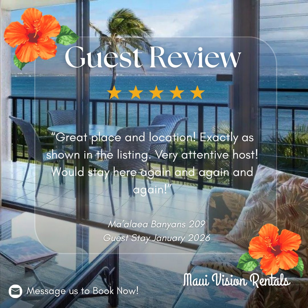 🌺 Kicking off 2026 with more guest love from Maui! 🌴
Nothing makes us happier than knowing our guests are soaking up the beauty of Maui and leaving with unforgettable memories. ✨

Thinking about making 2026 your year in paradise?
📲 Book direct for the best rates!
