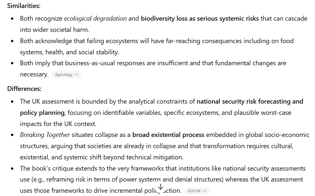 jembendell's tweet image. I asked AI to summarise the similarities and differences between the new UK government report on ecological #collapse and #nationalsecurity and my book on collapse, Breaking Together. The government report is important because it reveals SOME of what security services have known