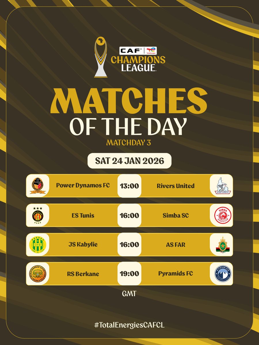TanzaSports's tweet photo. MATCHES OF THE DAY ||CAF CHAMPIONS LEAGUE 🌍

Esperance Tunis 🆚 Simba SC

19:00 EAT

#TanzaSports #EsperanceDeTunis #SimbaSC #TotalEnergiesCCL #AfricanFootball #CCL #TotalEnergiesCAFCL 

Powerd by @WilSmartTechs https://t.co/xWcduNq0Np
