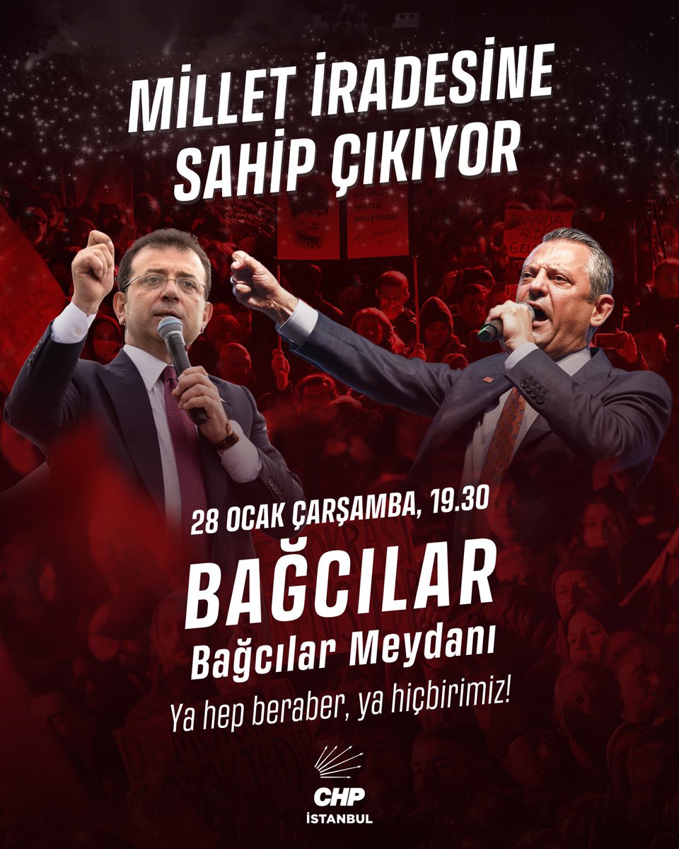 Halkın iktidarını birlikte kuracağız!

Genel Başkanımız Özgür Özel öncülüğünde, Cumhurbaşkanı adayımız Ekrem İmamoğlu ve tüm yol arkadaşlarımızın özgürlüğü için buluşuyoruz.

📍 Bağcılar Meydanı
🗓️ 28 Ocak Çarşamba | 19.30