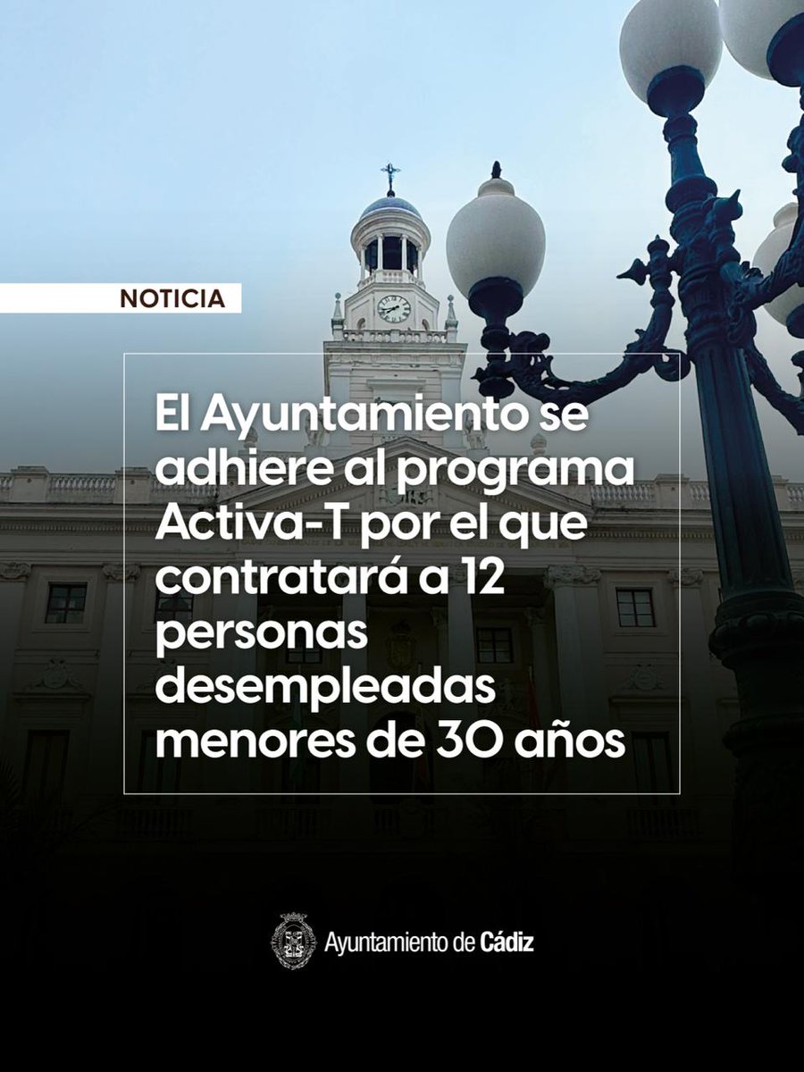 🔵 El Ayuntamiento de #Cádiz se adhiere al programa Activa-T de la Junta por el que contratará a 12 personas desempleadas menores de 30 años

✅La inversión total del plan será de 271.215,57 euros, de los que 130.800 son subvencionados por la administración autonómica y los