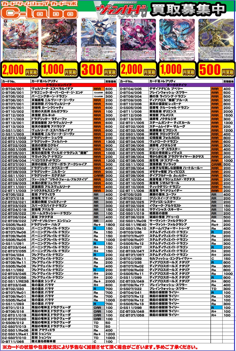 ヴァンガード 買取情報】 ヴァンガのデッキパーツの買取表になります