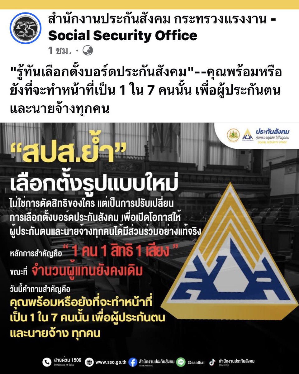 sorrayuth9111's tweet photo. เราเคยเลือกตัวแทนได้ 1 ใน 3 แต่สูตรใหม่ เลือกได้ 1 ใน 21 ครับ 

‘สนง.ประกันสังคม’ เปิดหน้าชน! ย้ำ เลือกตั้งรูปแบบใหม่ ผู้ประกันตน 1 เลือก 1 ไม่ใช่การตัดสิทธิของใคร แต่ปรับเปลี่ยน เพื่อเปิดโอกาสให้ทุกคนมีส่วนร่วมอย่างแท้จริง ยกหลักการ“1 คน 1 สิทธิ 1 เสียง” โดยจำนวนผู้แทนย��งคงเดิม

วันที่ 24 ม.ค.69 เพจ สำนักงานประกันสังคม กระทรวงแรงงาน โพสต์ข้อความระบุว่า 

"รู้ทันเลือกตั้งบอร์ดประกันสังคม"--คุณพร้อมหรือยังที่จะทำหน้าที่เป็น 1 ใน 7 คนนั้น เพื่อผู้ประกันตนและนายจ้างทุกคน“

ทั้งนี้ ยังระบุด้วยว่า  “สปส.ย้ำ”

เลือกตั้งรูปแบบใหม่ ไม่ใช่การตัดสิทธิของใคร แต่เป็นการปรับเปลี่ยนการเลือกตั้งบอร์ดประกันสังคม เพื่อเปิดโอกาสให้ผู้ประกันตนและ��ายจ้างทุกคนได้มีส่วนร่วมอย่างแท้จริง

หลักการสำคัญคือ “1 คน 1 สิทธิ 1 เสียง” ขณะที่จำนวนผู้แทนยังคงเดิม

วันนี้คำถามสำคัญคือคุณพร้อมหรือยังที่จะทำหน้าที่เป็น 1 ใน 7 คนนั้นเพื่อผู้ประกันตนและนายจ้างทุกคน”