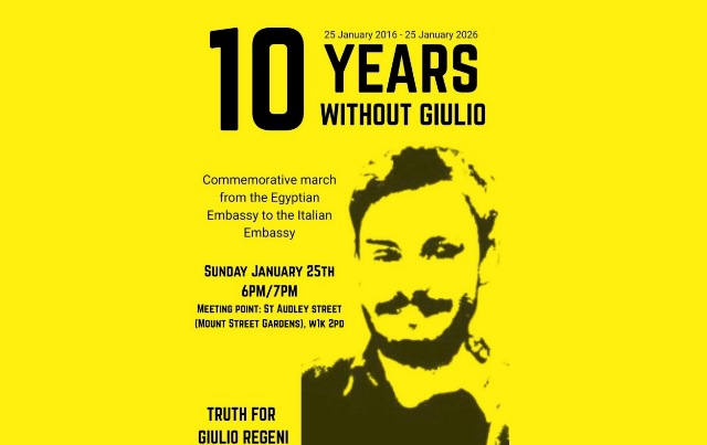 Si terrà domani, 25 gennaio, a Londra, la marcia commemorativa per ricordare Giulio Regeni a 10 anni dalla sua scomparsa in Egitto. Un'iniziativa civica organizzata da un gruppo di cittadini e accademici e da alcune realtà attive dell’associazionismo della comunità italiana in GB