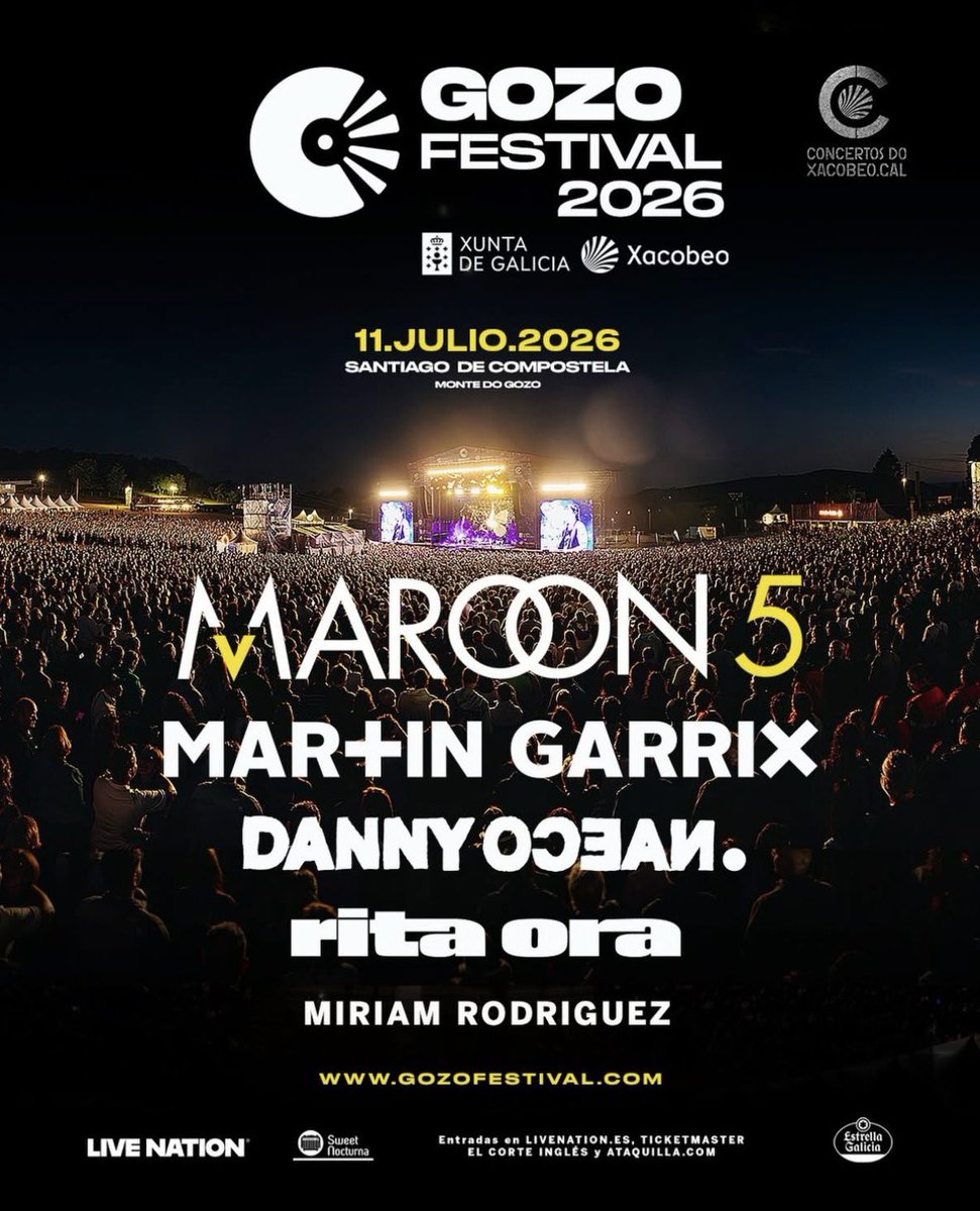 El 11 de julio <a href="/gozofest/">O Gozo Festival</a> en Santiago de Compostela con <a href="/maroon5/">Maroon 5</a> <a href="/MartinGarrix/">MARTIN GARRIX</a> <a href="/Dannocean/">Danny Ocean</a> <a href="/RitaOra/">Rita Ora</a> y <a href="/miriamrmusic_/">Miriam Rodríguez</a> info:galiciaenconcierto.com/destacado/o-go…