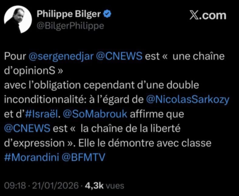 PBlanrue's tweet image. Viré, Bilger l'ouvre pour dire ce que tout le monde sait : CNews est la Voix d'Israël.
Avec ce beau paradoxe : la chaîne qui souligne chaque jour le trop grand nombre d'étrangers en France est elle-même la chaîne de l'Étranger.