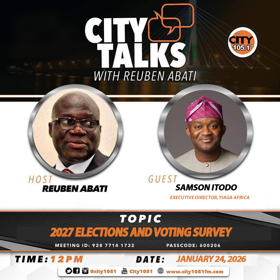 Today at noon, <a href="/DSamsonItodo/">Samson Itodo</a> will join <a href="/abati1990/">Reuben Abati</a> on City FM to discuss finding from the first round of the National Voting Intentions Survey (NVIS). #NigeriaDecides2027 #VotingIntentions2027