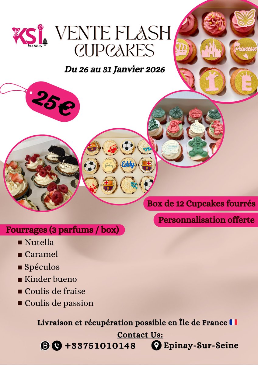 ⚠️VENTE FLASH CUPCAKES⚠️

Box de 12 cupcakes fourrés à 25€ 😍
🎁 Personnalisation OFFERTE
📅 Du 26 au 31 janvier
🚚 Livraison / retrait en Île-de-France
📲  WhatsApp: +33 7 51 01 01 48

#RT #promo
