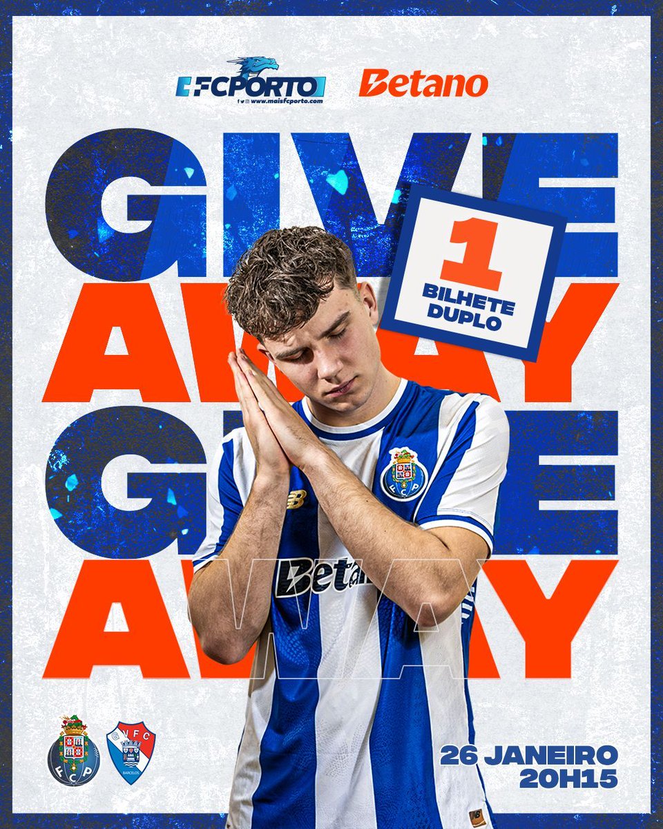 🚨 ALERTA G I V E A W A Y 🚨

Segunda-feira há jogo no Dragão, frente ao Gil Vicente! 🐉

Por isso, em parceria com a Betano, estamos a oferecer 2 BILHETES DUPLOS 💥
1️⃣ no instagram
1️⃣ no X

FC PORTO🆚Gil Vicente

Para participares só tens de:
1️⃣ Seguir o @maisfcporto e a