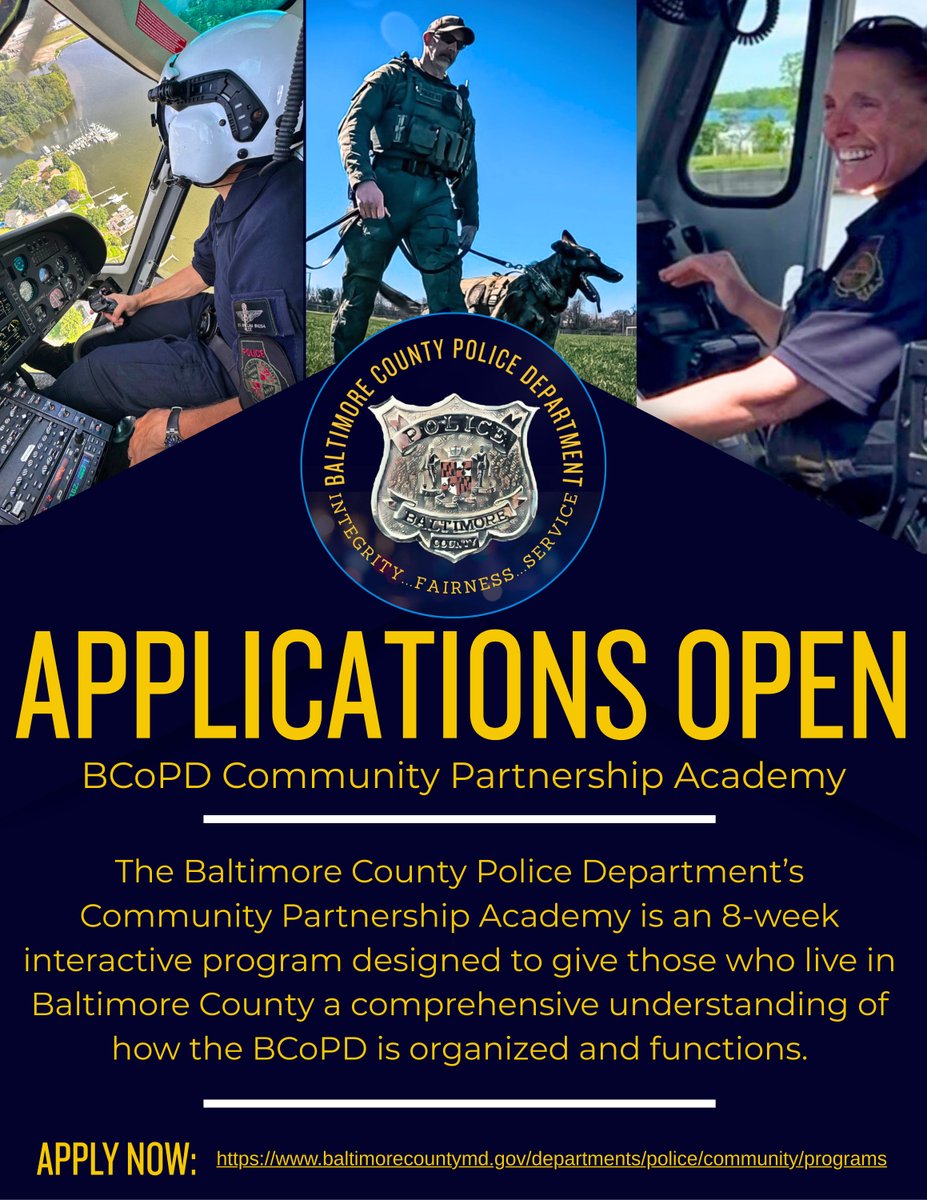 The BCoPD Community Partnership Academy invites residents to step inside, ask questions, and learn how community policing works in real life.

📍 Open to Baltimore County residents
📝 Applications now open
📆 Space is limited

👉 Apply online: baltimorecountymd.jotform.com/260204315107947