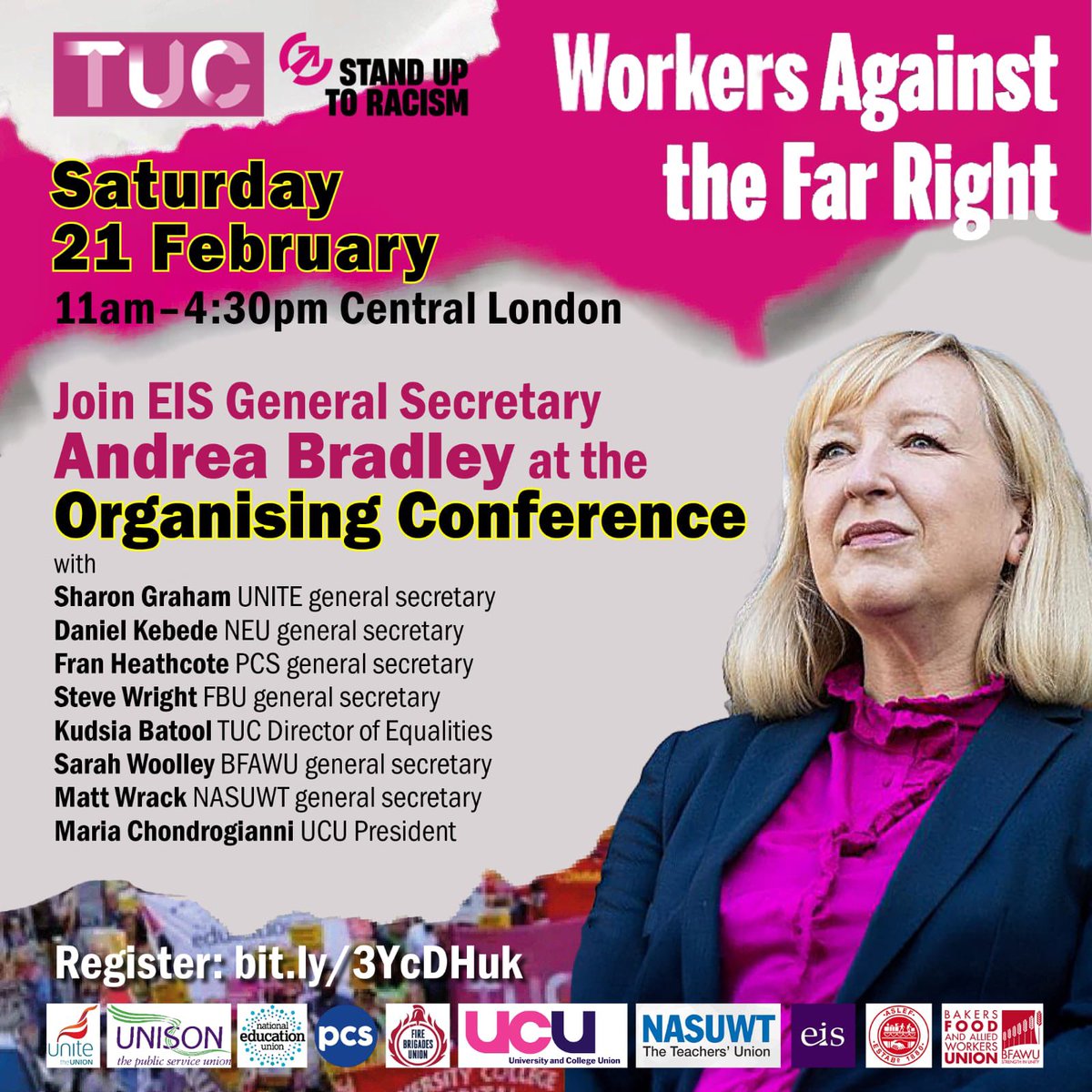Join EIS General Secretary Andrea Bradley at ‘Workers against the far right’ organised by TUC &amp; Stand Up To Racism

Sat, 21 Feb, London &amp; online 

How do we stop the rise of the far right in our workplaces &amp; communities? 

Register 👉🏿 bit.ly/3YcDHuk