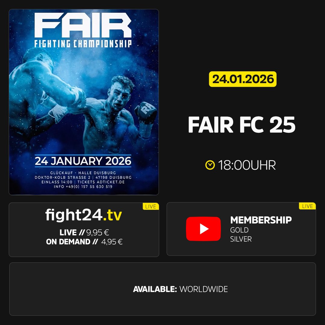 Nächster Halt: Duisburg! Bei Fair FC 25 gibt's heute wieder eine XXL-Fight Card, bei der keine Wünsche offen bleiben! Ab 18 Uhr sind wir für Euch live! #fairfc #duisburg #mma #k1 #boxen
📺 loom.ly/mVVpnJA