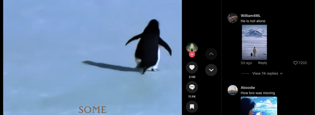 notalonesolana's tweet image. The top comment on every penguin edit on Tiktok.

He was not alone, $Jesus walked beside him the whole time.

CA: AtNiefwuoNvkfLsg2g8BG9YF5tGC82wSHrpefvvU7yR9