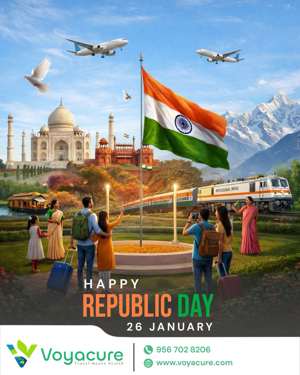 voyacure's tweet photo. This Republic Day, celebrate the freedom to travel your own country ✈️

From historic monuments to scenic journeys,
India invites you to explore its soul.
❤️ Happy Republic Day
📅 26 January https://t.co/2j1eVbrh6i