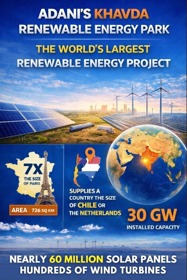 Adani’s Khavda Renewable Energy Park is the largest renewable energy project on Earth... by scale and output

* Spread across 726 sq km (≈ 7× Paris)
* Planned 30 GW installed capacity
* Built with ~60 million solar panels and hundreds of wind turbines

This is infrastructure