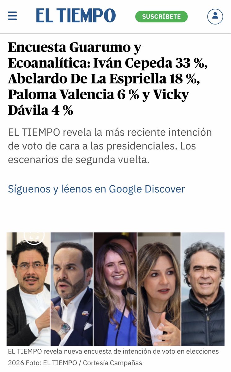 Encuesta realizada y financiada por <a href="/GuarumoEncuesta/">Guarumo Encuestas</a> y  EcoAnalitica: Medición y conceptos económicos, para conocer cómo está el pulso electoral y quiénes son los favoritos en la carrera por llegar a la Casa de Nariño. 
<a href="/ELTIEMPO/">EL TIEMPO</a> 

eltiempo.com/politica/elecc…