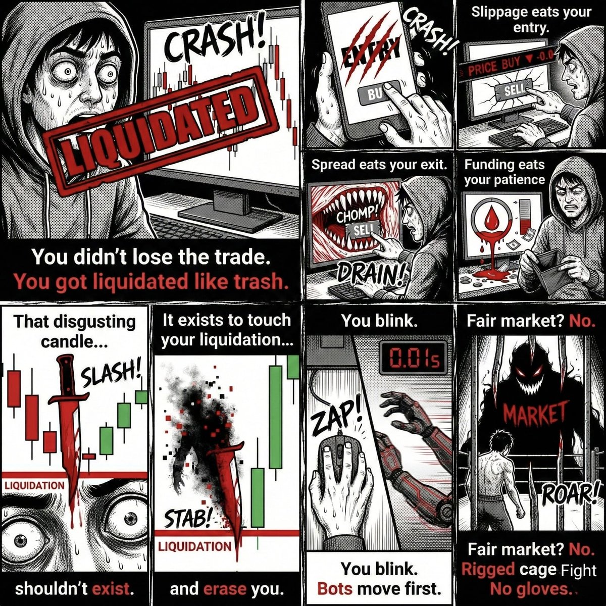You didn’t lose the trade.

You got liquidated like trash.

Slippage eats your entry.
Spread eats your exit.
Funding eats your patience.
That disgusting candle?
It exists to touch your liquidation…
and erase you.
Fair market? No.
Rigged cage fight.
No gloves.

#kaiji #trading