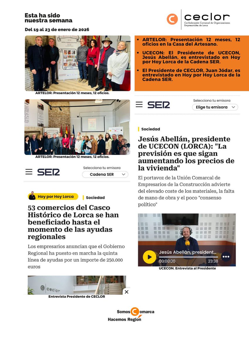 CECLOR_'s tweet photo. 📷Resumen semanal:

✅Nuestro Presidente, @juan_jodar, es entrevistado en Hoy por Hoy Lorca de @La_SER 

✅Presentación "12 meses, 12 oficios" en la Casa del Artesano #ARTELOR

✅Entrevista del Presidente de @Ucecon, Jesús Abellán, en Hoy por Hoy Lorca de @La_SER 

⬇️Y mucho más https://t.co/oCvYKajH0y