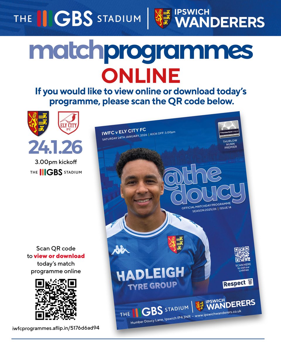 _IWFC's tweet photo. TODAY’S MATCH PROGRAMME
The @GBSBuildersnew Stadium
@_IWFC v @ElyCityFC
Sat 24th Jan 3pm
@ThurlowNunnL Premier
Gates/Bar 1.30pm
View/Download here: https://t.co/6Xv1zEl6Ec
Design: @chenerycreative 

@SuffolkNLP #TNL #nonleague #matchprogrammes #IpswichWanderers https://t.co/vLjWXoaZyL