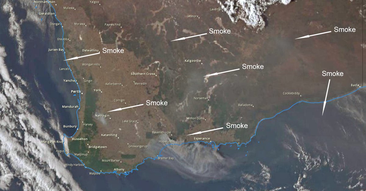 weather_wa's tweet image. Lots Of Smoke From The Bushfires Across A Large Part Of WA On The Satellite 🛰️ #Eucla #Goldfields #GreatSouthern #MidWestWA #Perth #PerthNews #PerthWeather #SouthWestWA #Wheatbelt #WesternAustralia