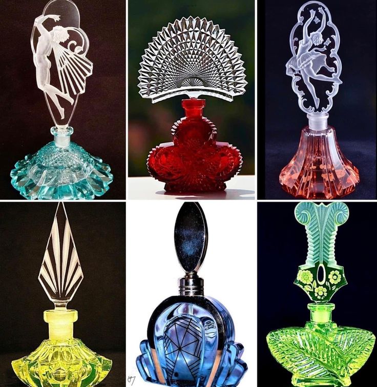 Vintage Art Deco glass perfume bottles, likely from the 1920s-1940s period.