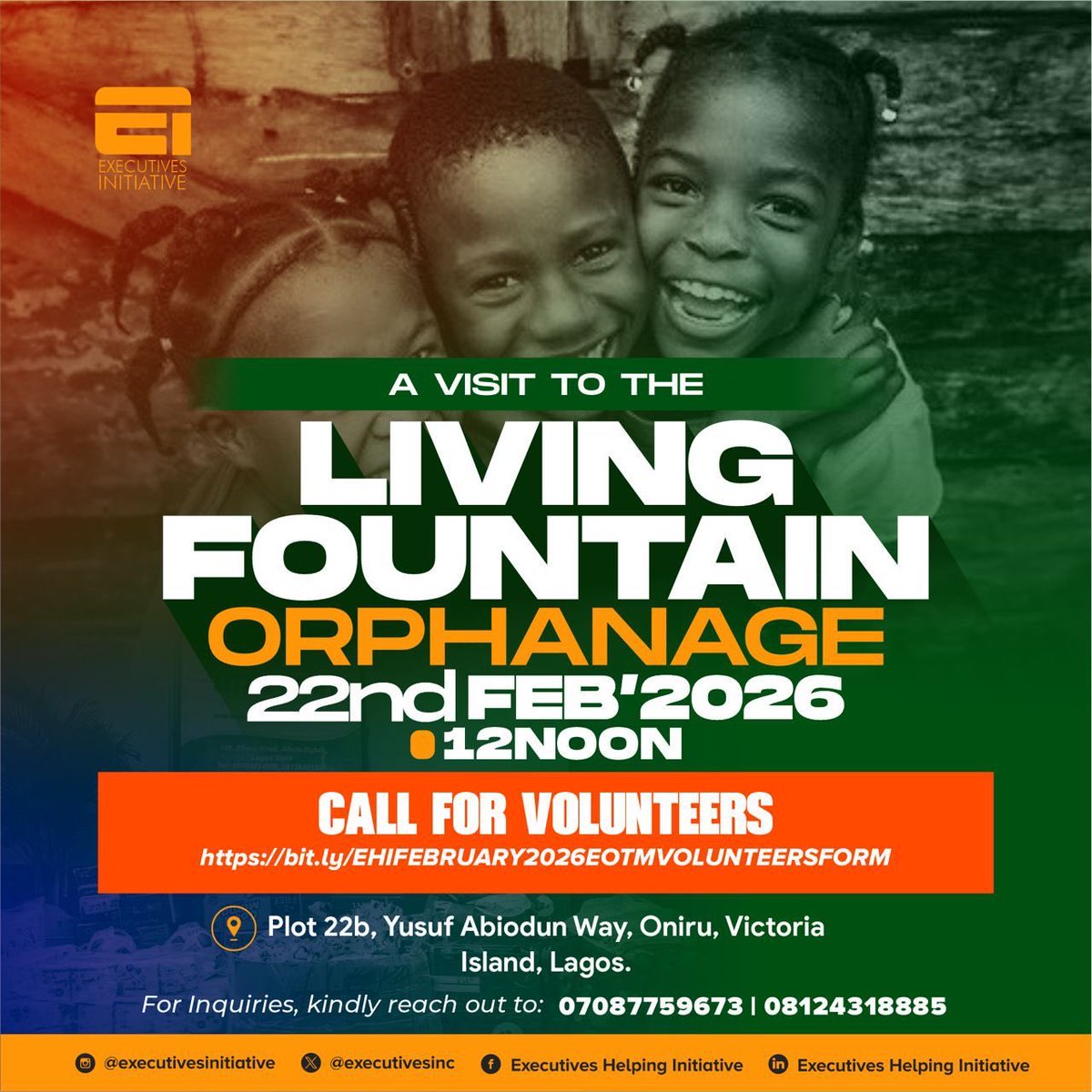 February EOTM is around the corner! 🎉
We’ll be visiting Living Fountain Orphanage, Victoria Island, Lagos.

If you’d love to volunteer, , kindly sign up using the link below.

bit.ly/EHIFEBRUARY202…