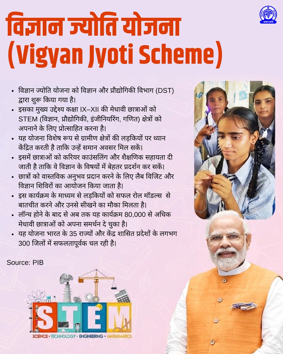 AkashvaniAIR's tweet photo. #NationalGirlChildDay

विज्ञान ज्योति योजना 
(Vigyan Jyoti Scheme) 

इस योजना का मुख्य उद्देश्य कक्षा IX–XII की मेधावी छात्राओं को STEM (विज्ञान, प्रौद्योगिकी, इंजीनियरिंग, गणित) क्षेत्रों को अपनाने के लिए प्रोत्साहित करना है।
यह योजना विशेष रूप से ग्रामीण क्षेत्रों की लड़कियों पर ध्यान केंद्रित करती है ताकि उन्हें समान अवसर मिल सकें।

Source: PIB

@MinistryWCD @IndiaDST @MIB_India @airnewsalerts