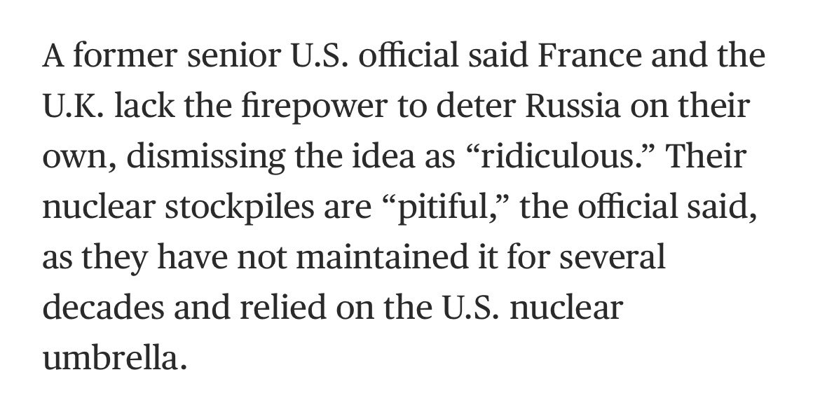 Etienne_Marcuz's tweet photo. Dear "former senior US official",

Our nuclear stock pile is probably more modern than yours. Actually, we are currently fielding a new warhead called TNO-2 on the new version of our SLBM called M51.3

Instead, let's discuss the credibility of the so called "US nuclear umbrella". I won't be rude and therefore won't question all your deterrence programs that face significant delays.

(thanks @John_A_Ridge for having our back, good to know that we still have friends on your side of the Atlantic 🙏)