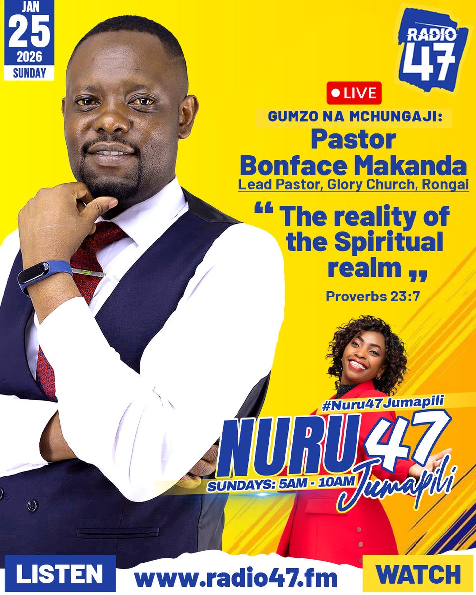 Radio47_Kenya's tweet photo. Gumzo na Mchungaji 

Je, unaelewa nini kuhusu ulimwengu wa kiroho? Pokea mahubiri na mafunzo ya @bonfacemakanda 

Watch us live: https://t.co/YCJwEHy29y
Join WhatsApp channel: https://t.co/yRSuTPoSBv
WhatsApp No: 0719 739487
X: @radio47_Kenya: https://t.co/cxx6yIdELx
Facebook: https://t.co/8v6BwsCMl5
TikTok: https://t.co/q0lubL6Yqx
Instagram: https://t.co/lroM0JLYkB

@Mama Taifa Eva Mwalili
#Nuru47Jumapili #HapaNdipo