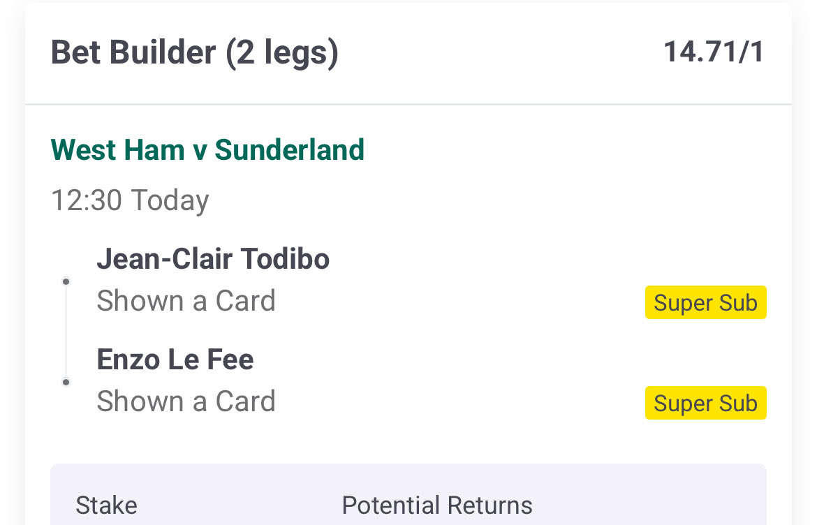 Yellowcardtips's tweet image. ⚽ WEST HAM vs SUNDERLAND ⚽

➡️ 9/1 Card Single 🟨

➡️ 14/1 Card Double 🟨🟨

➡️ 56/1 Long-shot Bet Builder 🎯💥

Let’s get paid 💸 Stake responsibly

#bettingtwitter #gamblingtwitter #footballtwitter
#ukbetting #ukpunters
#westham #whufc #sunderland #safc
#premierleague #epl