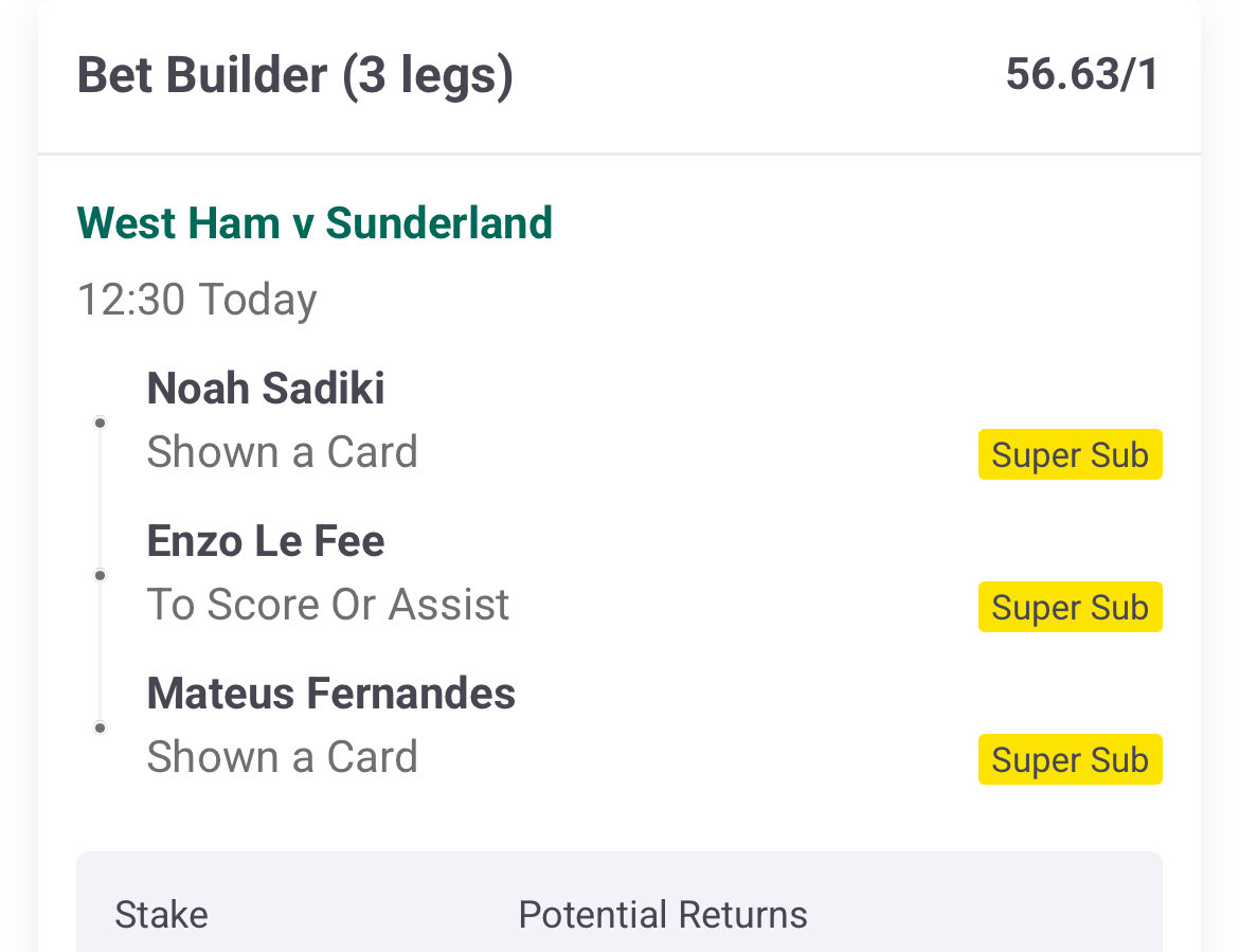 Yellowcardtips's tweet image. ⚽ WEST HAM vs SUNDERLAND ⚽

➡️ 9/1 Card Single 🟨

➡️ 14/1 Card Double 🟨🟨

➡️ 56/1 Long-shot Bet Builder 🎯💥

Let’s get paid 💸 Stake responsibly

#bettingtwitter #gamblingtwitter #footballtwitter
#ukbetting #ukpunters
#westham #whufc #sunderland #safc
#premierleague #epl
