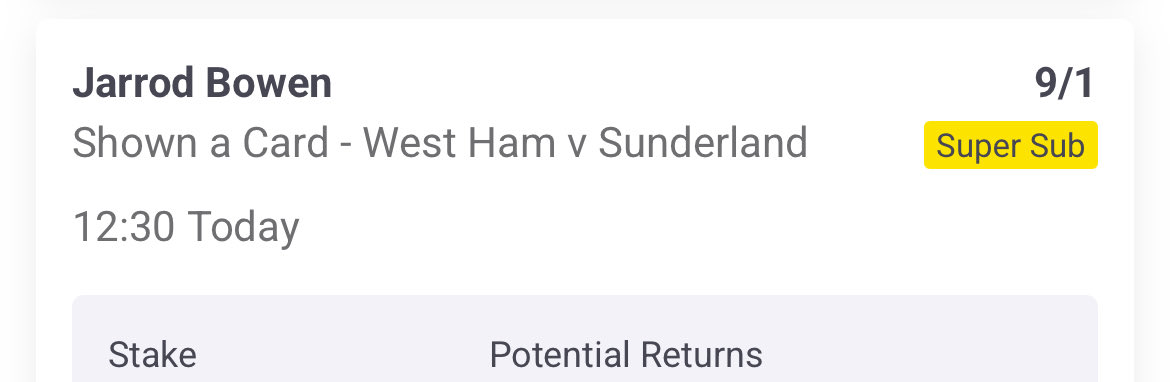 Yellowcardtips's tweet image. ⚽ WEST HAM vs SUNDERLAND ⚽

➡️ 9/1 Card Single 🟨

➡️ 14/1 Card Double 🟨🟨

➡️ 56/1 Long-shot Bet Builder 🎯💥

Let’s get paid 💸 Stake responsibly

#bettingtwitter #gamblingtwitter #footballtwitter
#ukbetting #ukpunters
#westham #whufc #sunderland #safc
#premierleague #epl