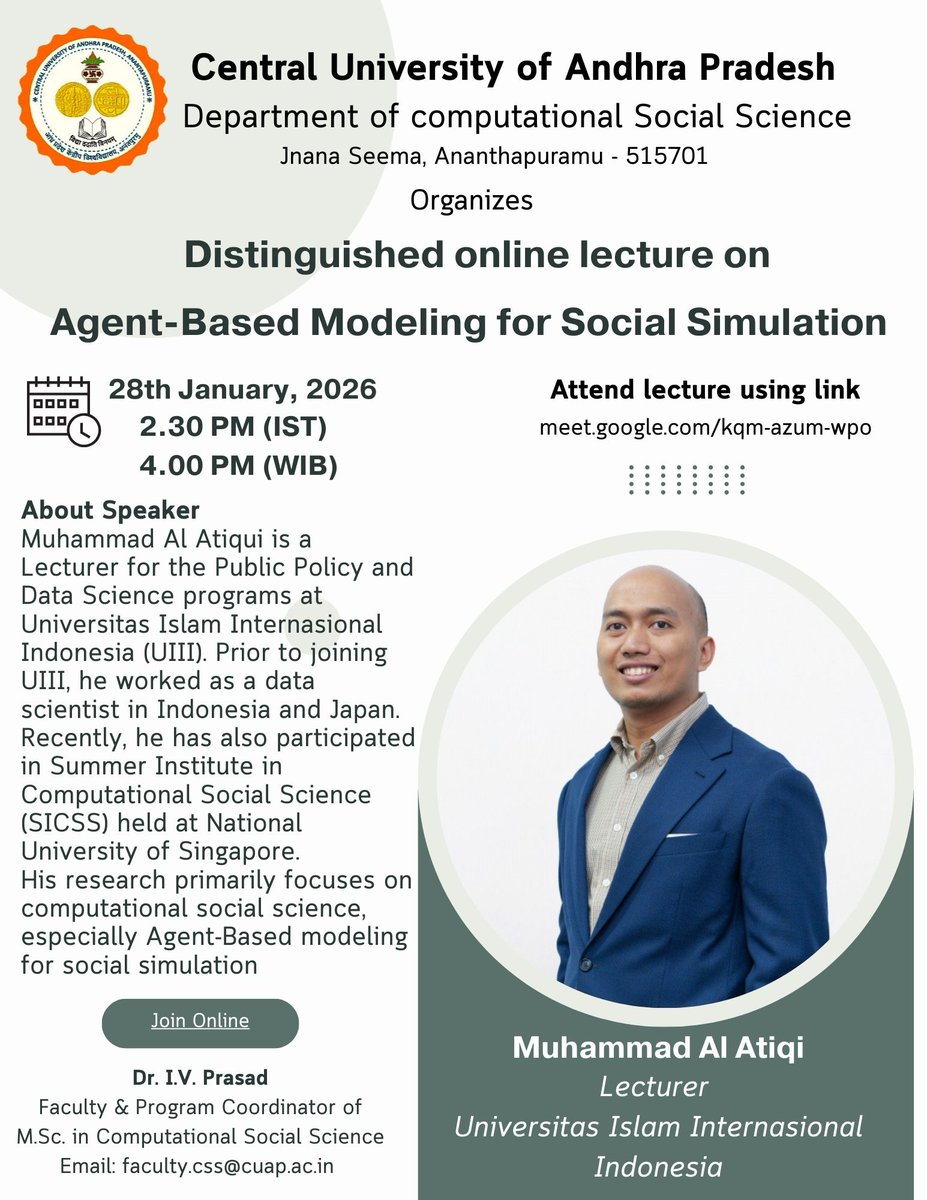 CUAP_official's tweet photo. Dept of Computational Social Science is organizing a Distinguished Lecture on 'Agent-Based Modelling For Social Simulation' @ 2.30pm on 28.01.26. 
Link: https://t.co/IUu6tBNWLq

#computationalsocialscience #distinguishedlecture #agentbasedmodelling #socialsimulation #CUAP https://t.co/uf3AtGGwzA